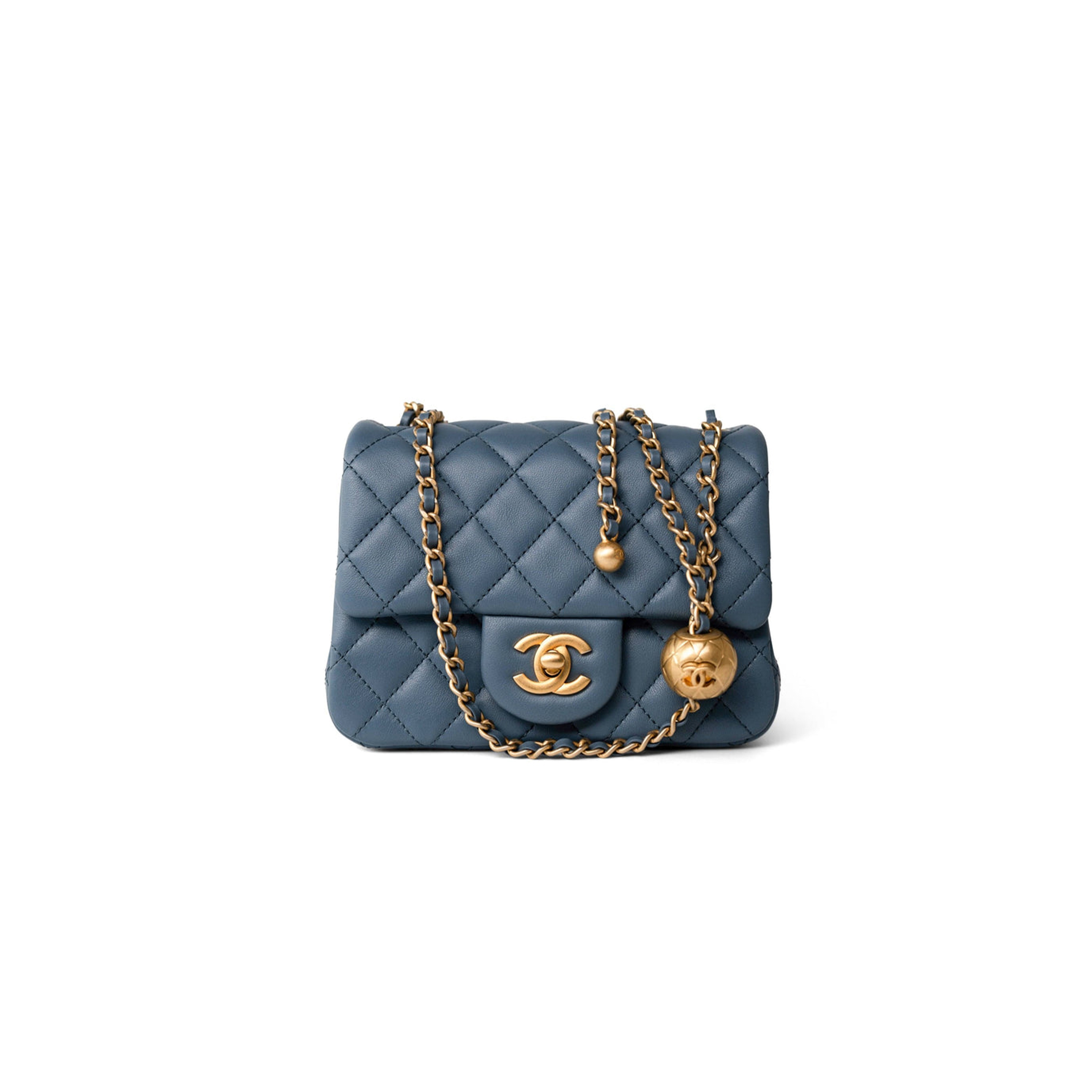 Ch*el master gold ball flap bag cf fatty fang denim blue as1786 (18*13*7cm)